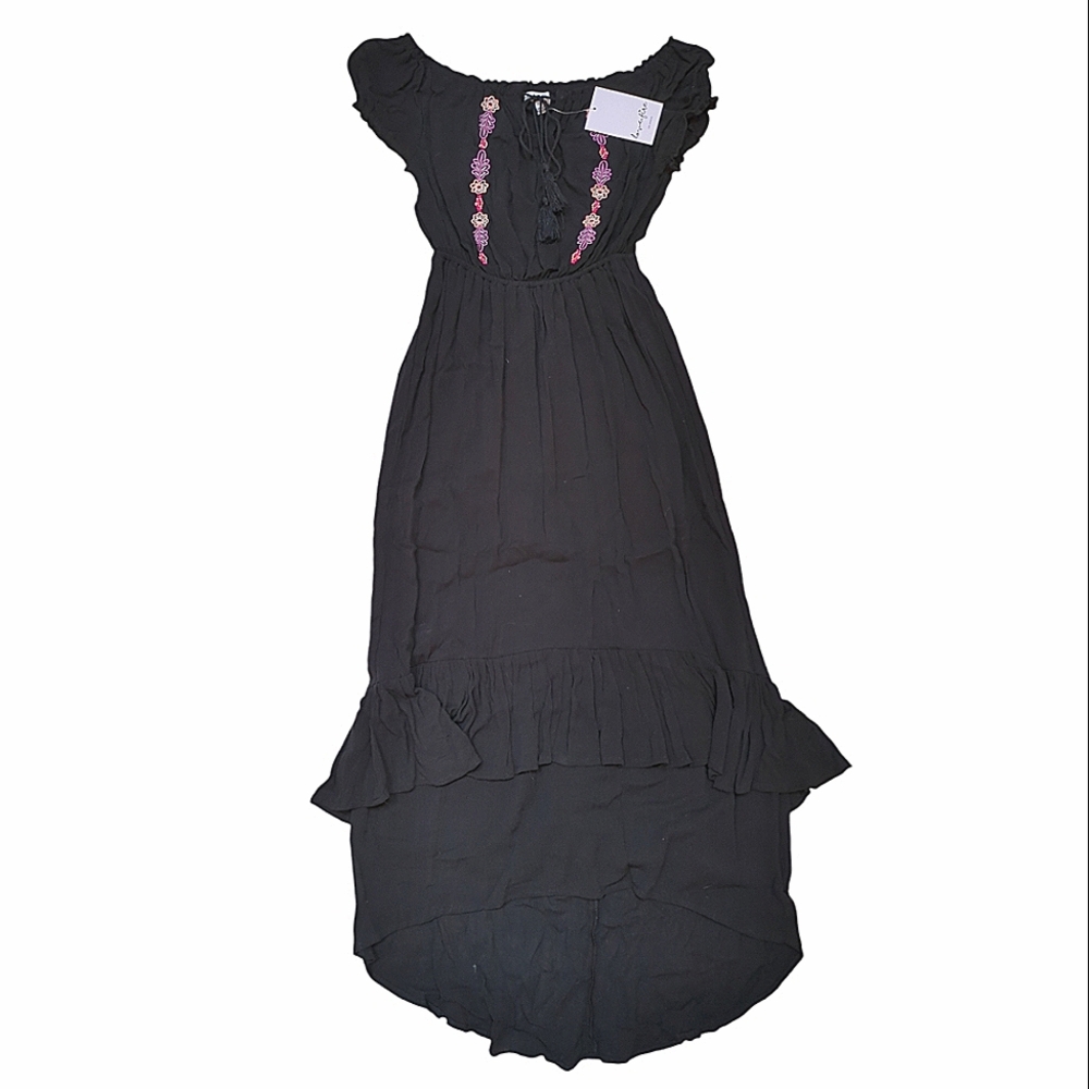 Embroidered "Love, Fire” Zoe Dress, XS, Boho, Off Shoulder, Lined Cotton Floral